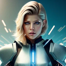 Katheryn Winnick, Cyborg anime warrior, cyberpunk, light blonde short hair, pixie hairstyle, cobalt eyes, waist up portrait, 8k resolution, retroanime, intricate details, neon details, soft lighting, vibrant colors, masterpiece, intricate eyeliner, dark eyeshadow, eyes, intricate tattoos, gradient background