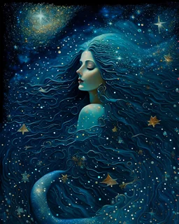 figure of a beautiful mermaid in a sea of ​​stars written in the style of Expressionism