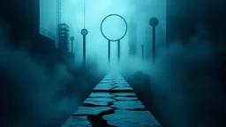 passage over nothingness, surreal, dark and cold abstract artwork dominated by deep blue, icy cyan, charcoal black and muted steel-grey tones. An narrow passageway emerges from an abstract distorted weird landscape, surrounded by thick fog and drifting mist. The space feels nightmare, alien and unsettling, with floating circle and line geometric forms, black onix column architectural fragmented and unnatural perspectives. At the center of the composition cracked stone way over abyss
