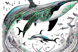 line drawing, of a beautiful surrealistic image of an orca and a flying elephant ;made exclusively of music symbols, background is horizontal parallel lines like staffs and piano keys at bottom, symbols are discernible, overall exquisitely detailed, elegant, extremely intricate, high definition, dope, innovative, line art, contemporary art, fractal pencil drawing,