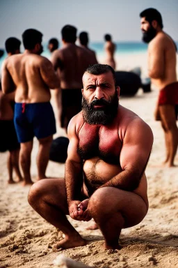 photography of a serious ugly burly strong turkish sells colored pareos on a crowded beach, 33 years old with traditional short pants, bearded, sitting on a chair, big legs, big feet, big shoulders, sunligh, photorealistic, 35mm lens, side light, ambient occlusion