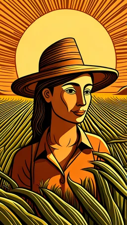 farmer, young woman, happy, sunset, planting corn, ground, dirt, woodcut, Woodblock printing, xilogravura, Livio Abramo, Sérvulo Esmeraldo, Tarsila do Amaral, ultra sharp 8k uhd smooth sharp focus highly detailed hd trending on artforum illustration digital, head and shoulders