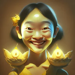 bust of chinese girl hobbit, smiling, happy, symmetrical eyes, soft light, durian, bananas, insects, lamp, soft light, RTX, style Léon Frédéric