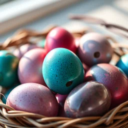 digital photograph of off-center modern basket colorful Easter eggs. eggs display intricate textures in azure, emerald, blush, crimson, sapphire,metallic cinematic HDR backlighting highlights subtle dimples and glossy reflections, with shallow depth of field softening the sunlit background. hyperrealistic 8k resolution,