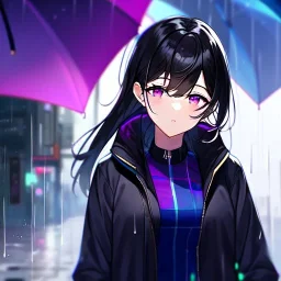 8k, Girl, high quality, detailed, black hair, purple eyes, beautiful lighting, vibrant colors, jacket, raining,