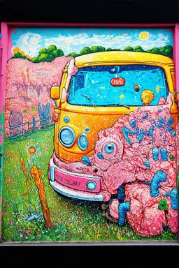quelle horreur; a fantastical surreal pastel sparkly world exploration of the end of a civilization; a street art mashup of Philip Guston imposed upon a Van Gogh landcape.