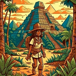 Gorgeous latina explorer emerging from the forest approaching an aztec pyramid in 1887, cartoon style.