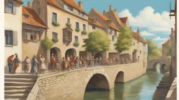 medieval buildings, balconies overhanging a river, blue sky and people, photorealism, trees, foliage, piers,