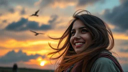 Hyper Realistic Photographic Close Side Face View Of A Extremely Beautiful Pakistani Pashto Young Woman (With Beautiful Green Eyes & Long Hair Whirling From Cold Breeze, Happily Looking At The Dramatic Cloudy Sunset And Giving A Bold Smile, With Navy-Blue Sky & Dark Clouds With Orange Sunset Sky, With Few Birds Flying Far, Showing Dramatic And Cinematic Ambiance.