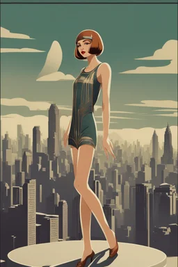 full body picture of a skinny woman with a bob, a fringe hairstyle, 1920s flapper clothing, futuristic city background