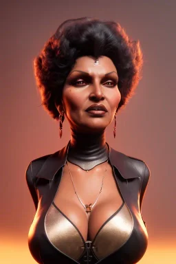 Pam Grier as evil queen in black leather, leather, busty, cleavage, angry, stern look. character design by cory loftis, fenghua zhong, ryohei hase, ismail inceoglu and ruan jia. unreal engine 5, artistic lighting, highly detailed, photorealistic, fantasy