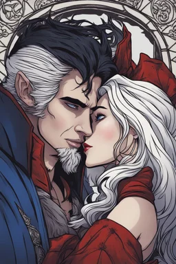 A couple kissing from the dnd game curse of Strahd. The woman has long white hair and blue eyes, the man has LONG BLACK hair and red eyes, no facial hair.