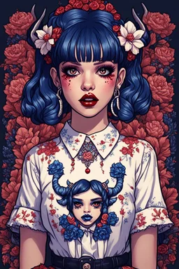 wears a smart shirt which is embroidered with bluered flowers and ornaments, has dark eyes and horns,Poster in two gradually, a one side malevolent goth vampire girl face and other side the Singer Melanie Martinez face, full body, painting 90's movie , pixel art , for a retro gaming 2D style, darkblue and sepia tones,