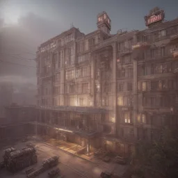 Steampunk, hospital modern elevation, Wes Anderson Lut, hyper realistic, 8k, unreal engine 5