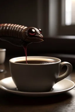 photorealistic leech drinking coffee