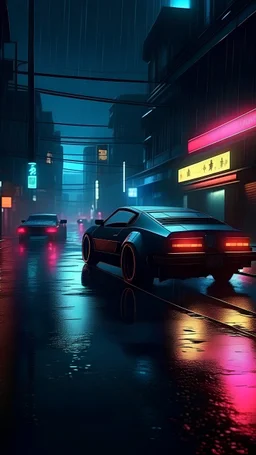 a car driving down a wet street at night, night blade runner, night time dark with neon colors, by Liam Wong, street night, need for speed : carbon, dark wet road, cgsociety 9, foggy neon night, realistic cars, neon rain, vibrant cinematic lighting, night city background, misty neon lights, wet streets, night background, night time city background