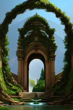 entrance to Mount Olympus:: greece:: heavy archway:: ornate, beautiful, lush, vines, goddess statues, Intricate Tree branches, water fountain, low angle, Photorealistic --ar 1:2 --q 2
