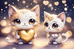 cute chibi cat couple, heart and love, watercolor and black ink outlines, sparkling golden glitter, ethereal, cinematic postprocessing, bokeh, dof