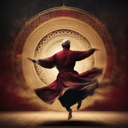 Hyper Realistic Sufi Whirling with Golden, Maroon & Black Islamic Sufi Rustic Grungy Background with Islamic Architecture at night with Whirling wind