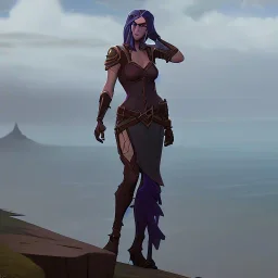 a gorgeous adventurer princess in a revealing dress and armor standing on a cliff and looking out over the ocean