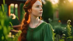 Beautiful young Redheaded woman with plaits in a flowing green dress tending her garden at sunset
