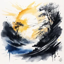 [traditional calligraphy brush, expressive line, ink washes] a ray of light in a world plagued by chaos due to geopolitical tensions and global warming.