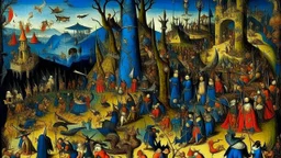 A dark blue chaotic realm with pixies designed in pacific Northwest totem poles painted by Pieter Bruegel the Elder