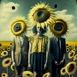 dandelion people with a sunflowers backdrop, surreal --v 6.0 --style raw