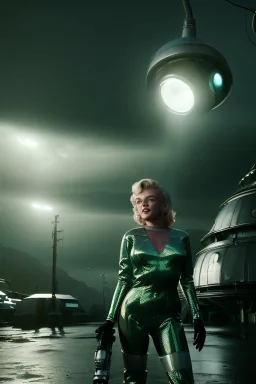 Ultra Realistic retro sci-fi scene, portrait, blonde woman clones, sweet young Marilyn Monroe face, perfect iris, tight latex coat, helmet, Strange planet background. Spaceship, fog, rain, soft color, highly detailed, unreal engine 5, ray tracing, RTX, lumen lighting, ultra detail, volumetric lighting, 3d, finely drawn, high definition, high resolution.