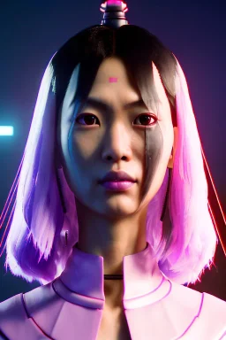 portrait, Asian cyborg woman, samurai warrior :: symmetry photography, cyberpunk style, pink hair, makeup, line eye, light iris, :: black samurai armor, japanese traditional pattern, wires and circuits, pink, white, black :: cinematic, Ultra realistic, dark scene, soft color, highly detailed, unreal engine 5, RTX, ultra detail, 3d, finely drawn, high definition.