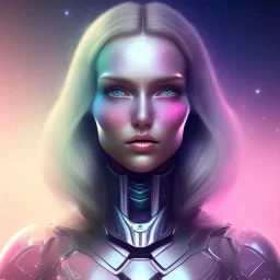 Beautyful woman,galactic , cosmic armor,hair long blond, blue eyes, happy cosmic, bright colors, blue, pink, realistic, photo real, clear sunny background, highly detailed, high contrast, 8k high definition, unreal engine 5, extremely sharp detail, light effect, sunny light background