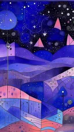 A purple cosmic road with stars painted by Paul Klee