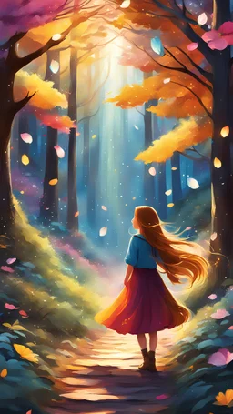 The children's illustrator brought the magical forest to life with a beautiful young girl with very long shiny ocher hair standing from behind. Surrounding her, the strong wind caused colorful petals to fall, while the forest sparkled with glowing lights. Through the use of digital painting, the artist created a vibrant and enchanting scene, filled with vivid colors that captured the whimsical nature of the illustration.