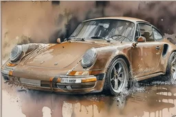 oil paint watercolor pastel acrylic ink the most beautiful brown Porsche 911 ever, award-winning, gorgeous, emotional.