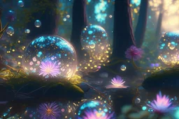 lightning sparkling flowers in floating glass balls, in forest, on lakeside in sunshine detailed matte painting, deep color, fantastical, intricate detail, splash screen, complementary colors, fantasy concept art, 8k resolution trending on Artstation Unreal Engine 5