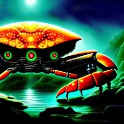 ultra detailed fullbody Drawing of a Cyborg metallic Gigantic red Crab on the shore , , with glowing Green eyes, extremely detailed digital painting, intrincate, extremely detailed face,crystal clear Big eyes, in the style of Frank Frazetta, mystical colors , perfectly centered image, perfect composition, rim light, beautiful lighting, 8k, stunning scene, raytracing