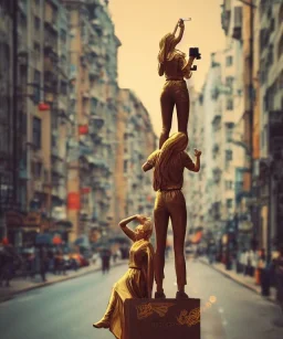 Statue of Queen of photography. Cute blonde woman. Photographer in golden crown. Standing on the street. Big camera in her hand. hyperdetailed, photorealistic, trending on artstation, greg rutkowski, beksinski, kodachrome, lomography, golden hour, bokeh, volumetric light