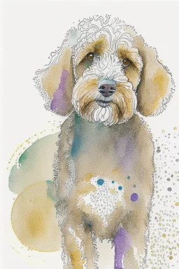 abstract watercolour of a cockapoo dog’s head in the style of Valerie Davide with bifurcated circles and pencil lines