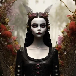 woolitize, Wednesday Addams, rusty metal, feathers, Dryad, fae, sidhe, ominous, nature, plants, wildflower, facepaint, dnd character portrait, intricate, oil on canvas, masterpiece, expert, insanely detailed, 4k resolution, retroanime style, cute big circular reflective eyes, Pixar render, unreal engine cinematic smooth, intricate detail , soft smooth lighting, soft pastel colors