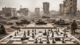 Israeli soldiers and tanks stand on a very large chessboard in the middle of a destroyed city