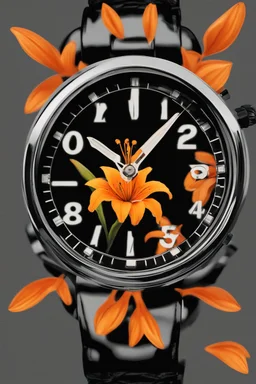 Black wristwatch with orange lily flower