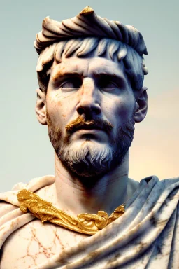 Realistic image, Roman sculpture made in white marble with gold veins, Lionel messi with gold laurel leaves crown, decorative star on the chest, waist up portrait,marble material, gold ornaments, Renaissance style, sun rays background, epic, celestial, cinematic lighting, God lights, 4k resolution, smooth details, soft lighting, unreal engine 5, art station, substance 3d.