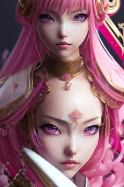 Detailed cute anime Kunoichi girl, pink hair buns, pink bangs, black latex bra, intricate details, full body portrait, keep head in frame, slight smile, black Japanese motif, concept art, highly detailed, digital painting, concept art, sharp focus, illustration, art by Yoji Shinkawa, WLOP and greg rutkowski and alphonse mucha and artgerm and yanjun Chen and Junji ito and Makoto Shinkai, HDR, octane render