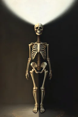 A surreal symbolic painting of a woman standing, illuminated by a single directional light. One side of her body and face (the lit side) appears skeletal, bones visible, fragile and fading. The other side (in shadow) is completely natural, healthy, and human. The composition shows clear contrast between the two halves, symbolizing "what is born in darkness dies at the first light". Painted in a dramatic artistic style with delicate colors, soft shading, and painterly brushstrokes, dreamlike