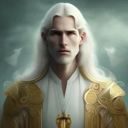 A skinny man with pallid skin, long golden hair, golden eyes, and golden wings. He is wearing white priests' robes and holding a pocket-watch. He has a solemn look on his face; fantasy art; character art;