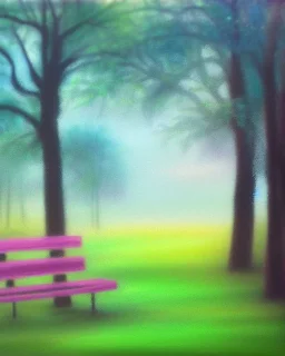 park mystical dream, park bench, man, woman, child, dog, trees, path, bird, sunshine, mystical, fantasy, romanticism, pastel colors, daylight, daytime, acrylic painting, detailed, soft focus,