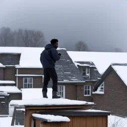 in the North of Canada, among neighbors in a small group of houses, an Afro-American man stands on the edge of the roof just before a snowstorm hits. He attaches plank plates to the roof to reinforce it, bracing for the impending storm. The cold air bites at his skin, the wind howling ominously, as he works diligently to secure the roof against the fury of the upcoming blizzard. The eerie silence of the snow-covered landscape amplifies the sound of his hammer, echoing through the quiet neighbo