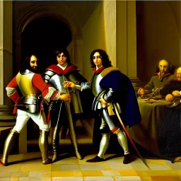 oil portrait of The Three Musketeers and d'artagnan with armor by Jacques-Louis David 8k