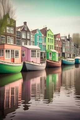 Quaint canals and lesser-known spots in Amsterdam with colorful houseboats. Style: Serene, Lens: Standard, Post-processing: Pastel tones.