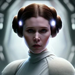 low angle beautiful half-body-portrait photo of princess leia from Star Wars played by Carrie Fisher, in the style of horizon zero dawn wlop, artgerm, akihiko yoshida, and liang xing, detailed face, doe eyes, intricate hair style, symmetrical eyes, trending on artstation, highly detailed, white dress, dynamic pose, intricate outfit, futuristic weapon, space ship and galaxy background